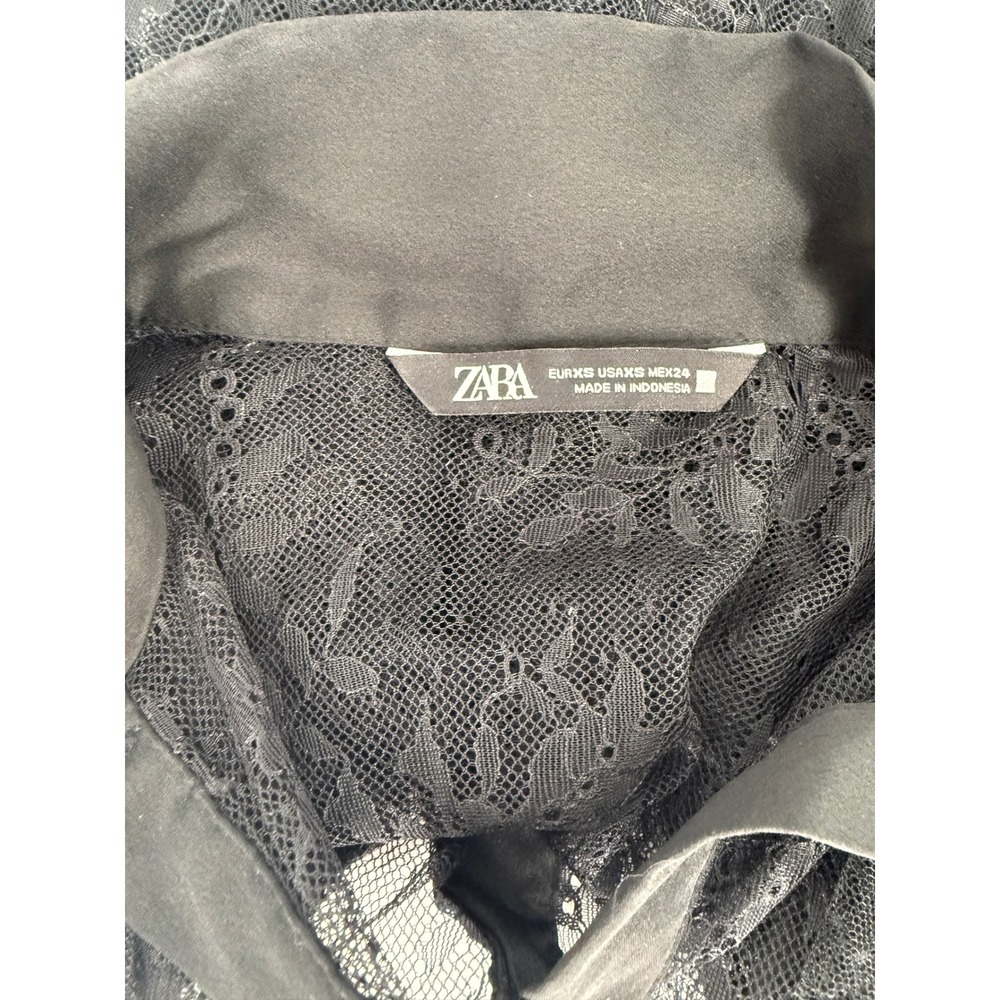 Zara Womens Black Sheer Floral Lace Tie Neck Button Down Blouse Top XS - Picture 4 of 6